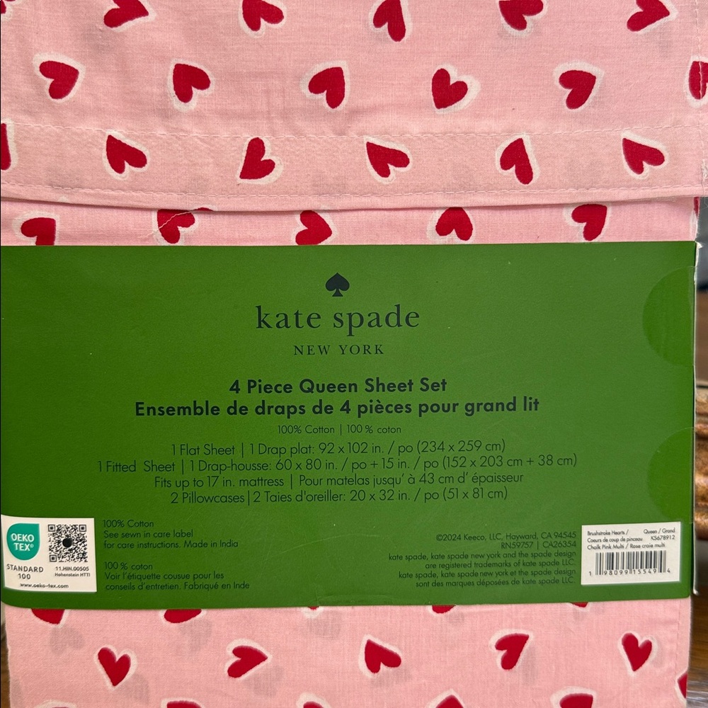 Kate Spade Pink and Red Heart Queen Sheet Set. Pink background. 100% cotton. - Picture 9 of 9